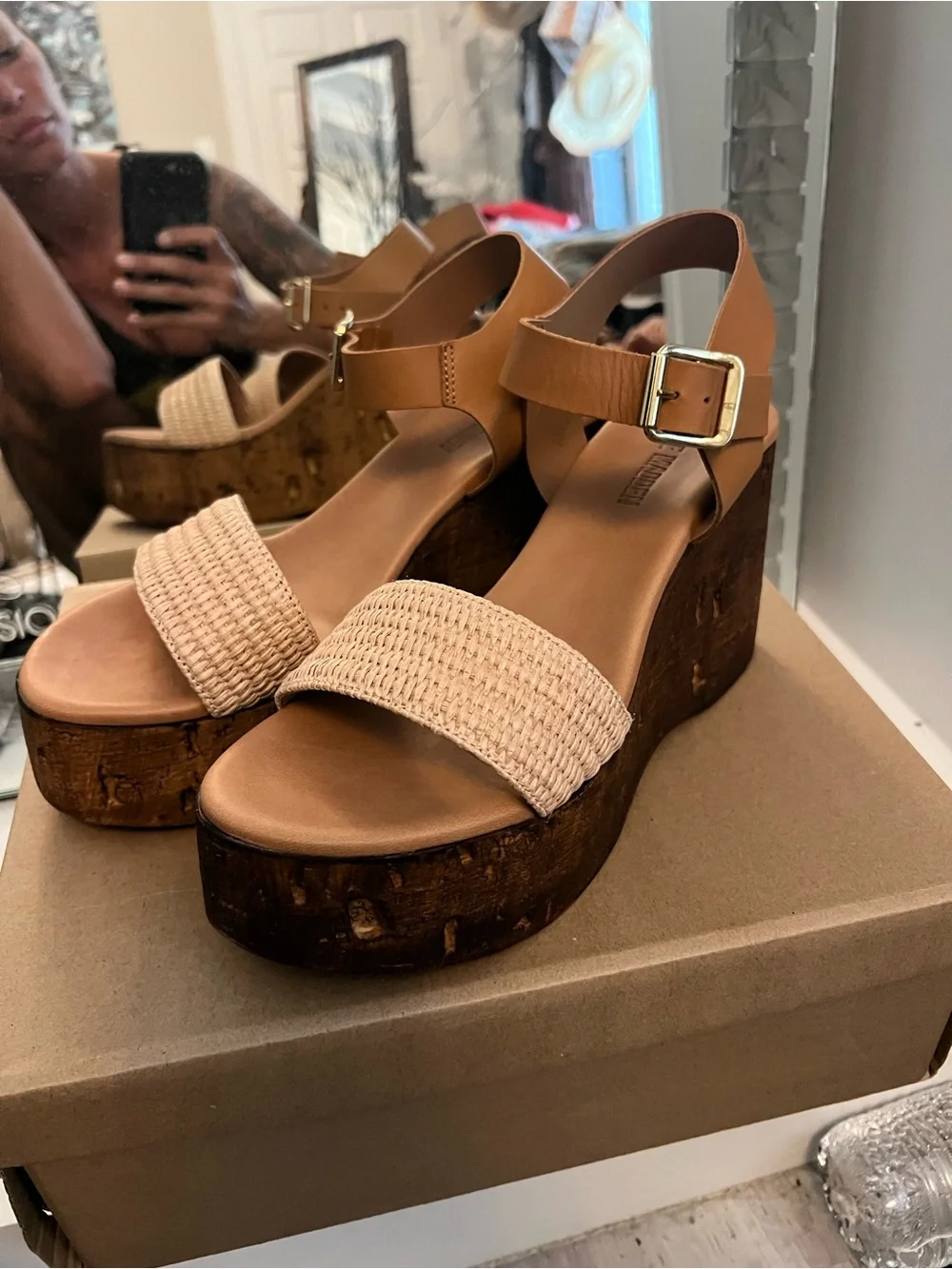 Steve Madden Tan Leather and Raffia Cork Wedge Sandal